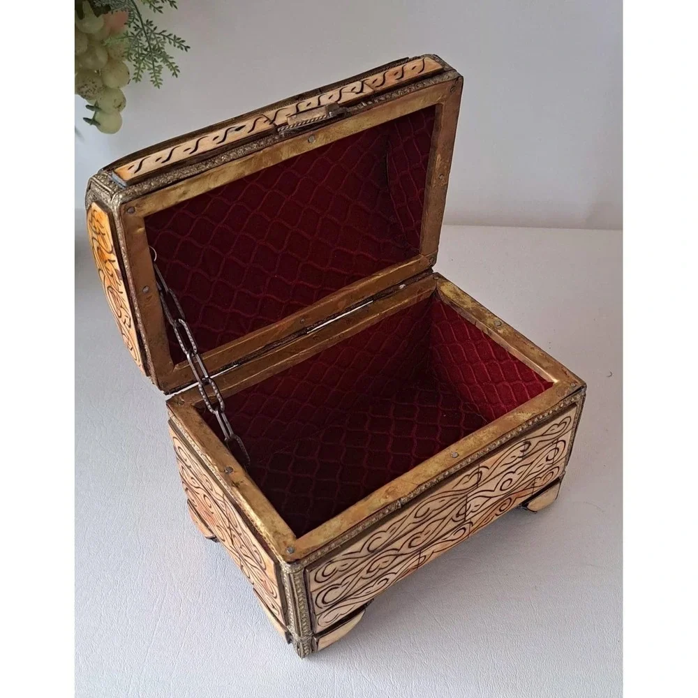 Antique Moroccan Camel Bone with Brass & Copper Inlay Dowry Chest